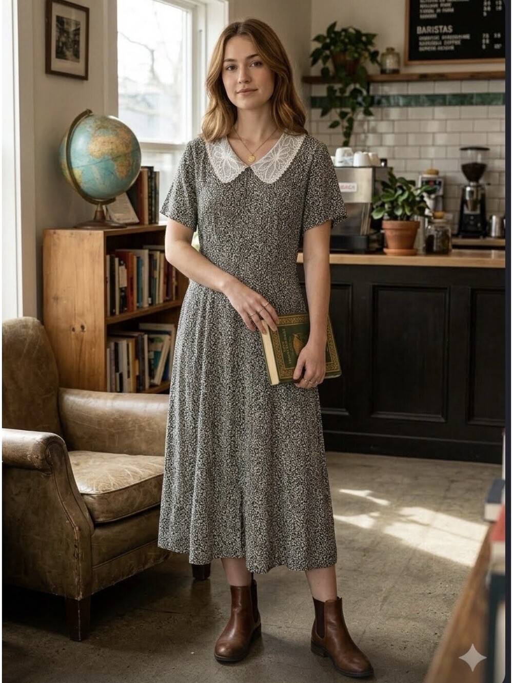 Vtg Sunshine Starshine Womens 12 Dress Midi Prarie Lace Collar Lagenlook Minimal